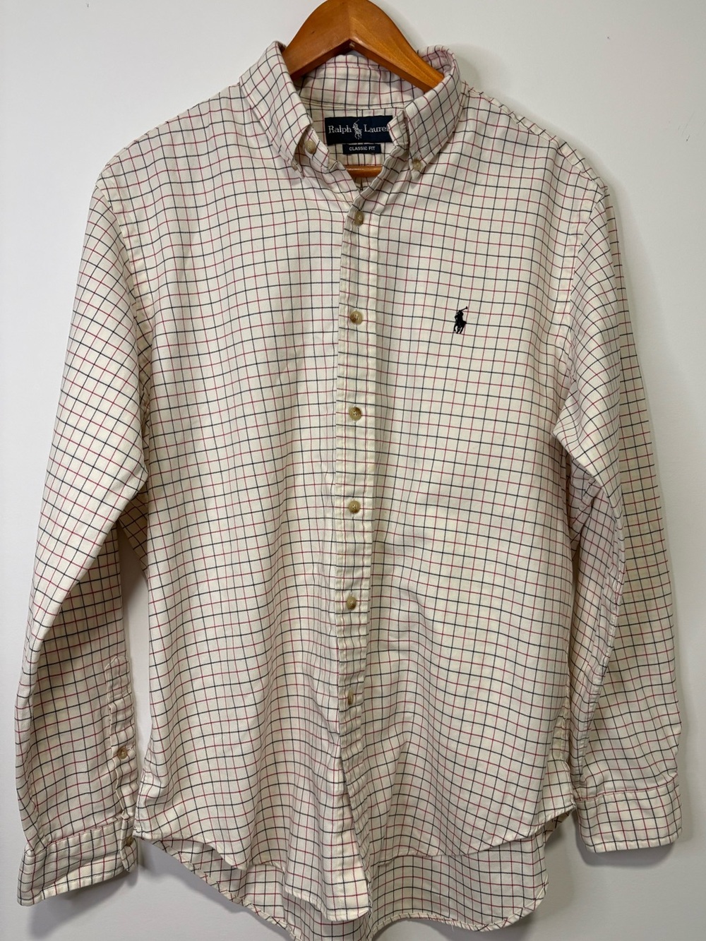 Ralph Lauren Classic Fit Shirt Men’s Large Cream Plaid Cotton Pony Logo